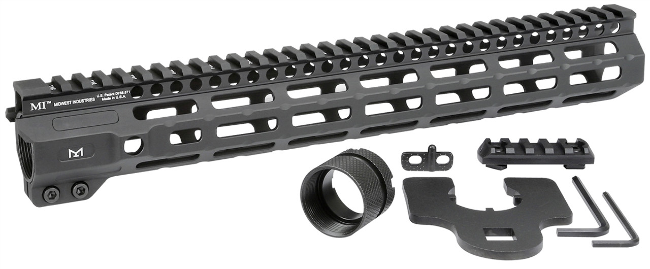 Midwest Industries Combat Rail Free Float Handguard with M-LOK, features polymer rail, barrel nut, and installation tools.